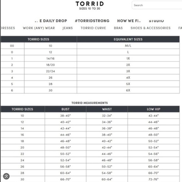 TORRID SIZING CHART - Picture 1 of 1